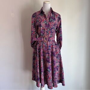 Vintage SCHRADER Purple Multicolor Paisley Print Long Sleeves Belted Shirtdress